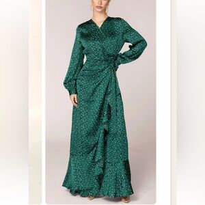 Emerald Polka Dot Satin Wrap Maxi Dress